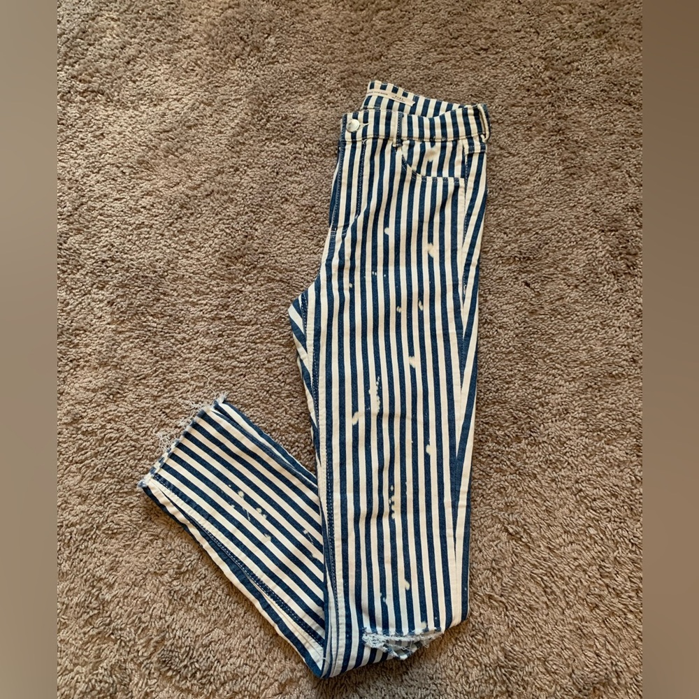 5/$25 Zara Denim Striped Skinny Jeans Blue & White 4